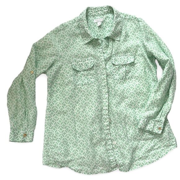 Charter Club Woman Linen Pattern Long Sleeve Button Tab Semi Sheer Blouse - Picture 9 of 15